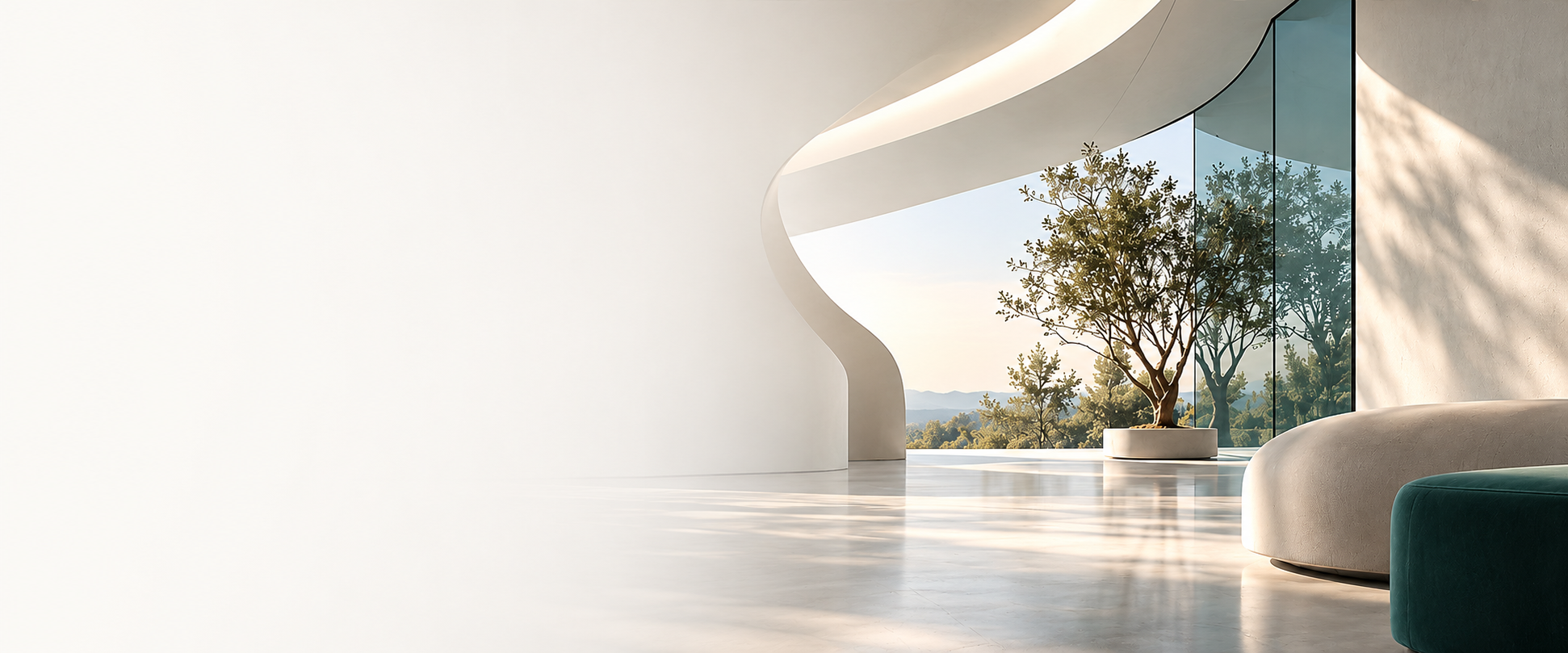 Minimal interior with a tree in soft light